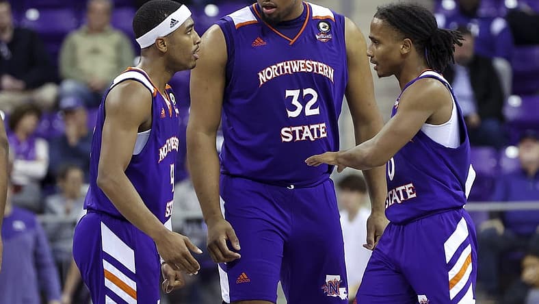Nov 14, 2022; Fort Worth, Texas, USA; Northwestern State Demons guard JaMonta' Black (4) and Northwestern State Demons center Jordan Wilmore (32) and Northwestern State Demons guard Demarcus Sharp (0) celebrate during the second half against the TCU Horned Frogs at Ed and Rae Schollmaier Arena. Mandatory Credit: Kevin Jairaj-USA TODAY Sports