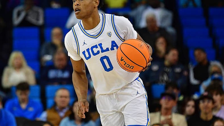 Nov 14, 2022; Los Angeles, California, USA; UCLA Bruins guard Jaylen Clark (0) moves the ball up court against the Norfolk State Spartans during the first half at Pauley Pavilion. Mandatory Credit: Gary A. Vasquez-USA TODAY Sports