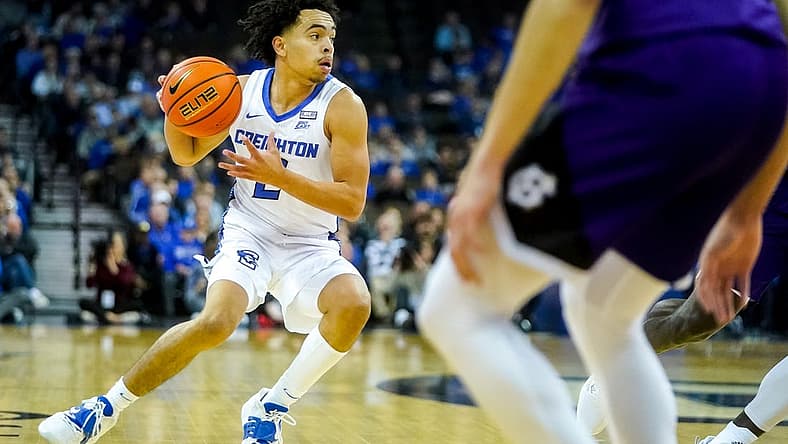Nov 14, 2022; Omaha, Nebraska, USA; Creighton Bluejays guard Ryan Nembhard (2) looks to pass during the first half against the Holy Cross Crusaders at CHI Health Center Omaha. Mandatory Credit: Dylan Widger-USA TODAY Sports