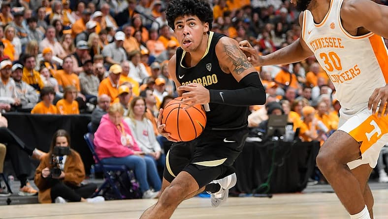 Nov 13, 2022; Nashville, Tennessee, USA; Colorado Buffaloes guard Julian Hammond III (1) dribbles against the Tennessee Volunteers during the second hall at Bridgestone Arena. Mandatory Credit: Steve Roberts-USA TODAY Sports