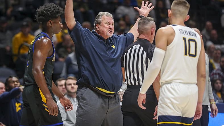 Nov 15, 2022; Morgantown, West Virginia, USA; West Virginia Mountaineers head coach Bob Huggins reacts after being assessed a technical foul during the first half against the Morehead State Eagles at WVU Coliseum. Mandatory Credit: Ben Queen-USA TODAY Sports