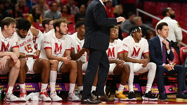 Nov 15, 2022; College Park, Maryland, USA; Maryland Terrapins head coach Kevin Willard reacts during the first half against the Binghamton Bearcats at Xfinity Center. Mandatory Credit: Tommy Gilligan-USA TODAY Sports