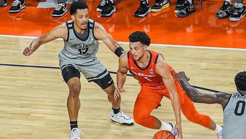 Clemson junior guard Chase Hunter (1) dribbles near USC Upstate guard Trae Broadnax (12) during the first half at Littlejohn Coliseum Tuesday, November 15, 2022.
Ncaa Acc Clemson Basketball Vs Usc Upstate
