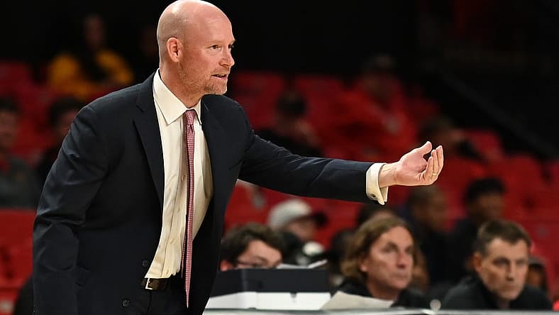 Nov 15, 2022; College Park, Maryland, USA; Maryland Terrapins head coach Kevin Willard reacts during the second half against the Binghamton Bearcatsat Xfinity Center. Mandatory Credit: Tommy Gilligan-USA TODAY Sports