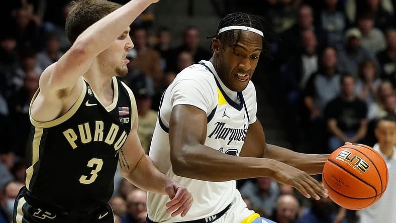 Marquette Golden Eagles forward Olivier-Maxence Prosper (12) drives to the basket during the NCAA men s basketball game against the Purdue Boilermakers, Tuesday, Nov. 15, 2022, at Mackey Arena in West Lafayette, Ind.
Purduemarquettembb111522 Am34268