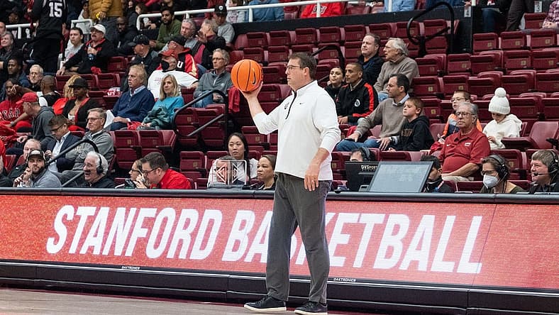 Nov 15, 2022; Stanford, California, USA; Stanford Cardinal head coach Jerod Haase holds the basketball during the first half against the San Diego State Aztecs at Maples Pavilion. Mandatory Credit: Stan Szeto-USA TODAY Sports