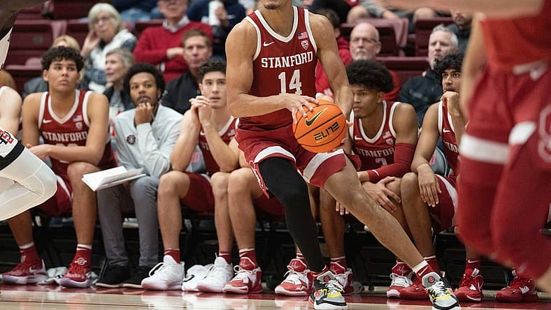 Nov 15, 2022; Stanford, California, USA; Stanford Cardinal forward Spencer Jones (14) attempts to shoot the ball during the second half against the San Diego State Aztecs at Maples Pavilion. Mandatory Credit: Stan Szeto-USA TODAY Sports
