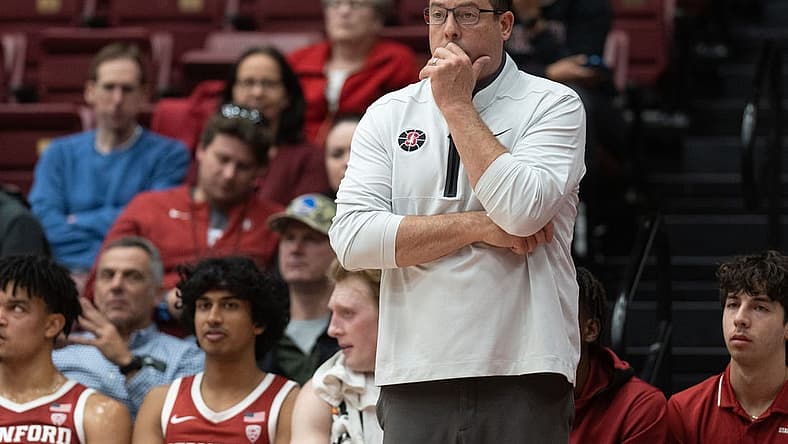 Nov 15, 2022; Stanford, California, USA; Stanford Cardinal head coach Jerod Haase reacts during the second half against the San Diego State Aztecs at Maples Pavilion. Mandatory Credit: Stan Szeto-USA TODAY Sports