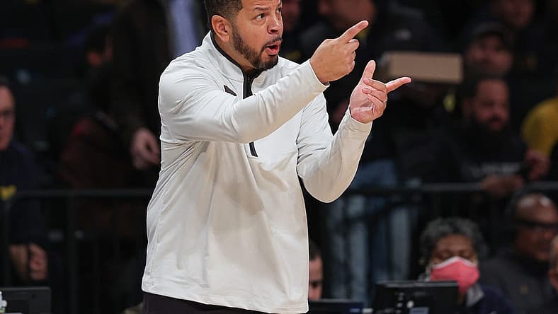 Nov 16, 2022; Brooklyn, New York, USA; Pittsburgh Panthers head coach Jeff Capel III reacts during the first half against the Michigan Wolverines at Barclays Center. Mandatory Credit: Vincent Carchietta-USA TODAY Sports