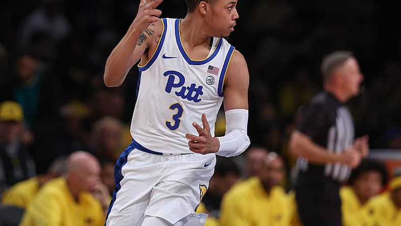 Nov 16, 2022; Brooklyn, New York, USA; Pittsburgh Panthers guard Greg Elliott (3) reacts after making a three point basket during the first half against the Michigan Wolverines at Barclays Center. Mandatory Credit: Vincent Carchietta-USA TODAY Sports