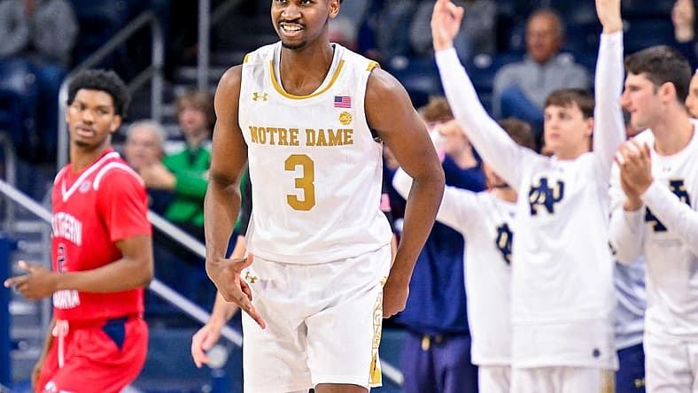 Nov 16, 2022; South Bend, Indiana, USA; Notre Dame Fighting Irish guard Trey Wertz (3) reacts after a three point basket in the second half against the Southern Indiana Screaming Eagles at the Purcell Pavilion.