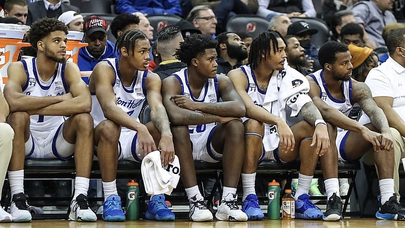 Nov 16, 2022; Newark, New Jersey, USA; The Seton Hall Pirates bench looks on as the final minute winds down in the second half against the Iowa Hawkeyes at Prudential Center. Mandatory Credit: Wendell Cruz-USA TODAY Sports
