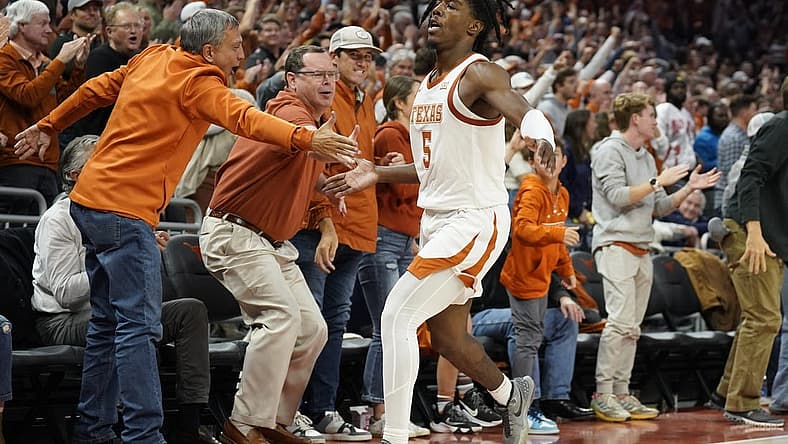 Nov 16, 2022; Austin, Texas, USA; Texas Longhorns guard Marcus Carr (5) interacts with fans after scoring a three point basket in the second half against the Gonzaga Bulldogs at Moody Center. Mandatory Credit: Scott Wachter-USA TODAY Sports