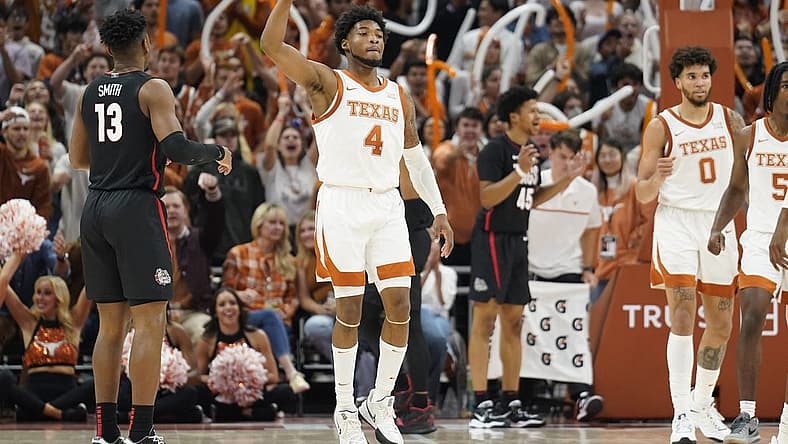 Nov 16, 2022; Austin, Texas, USA; Texas Longhorns guard Tyrese Hunter (4) reacts after scoring a three-pointer during the second half against the Gonzaga Bulldogs at Moody Center. Mandatory Credit: Scott Wachter-USA TODAY Sports