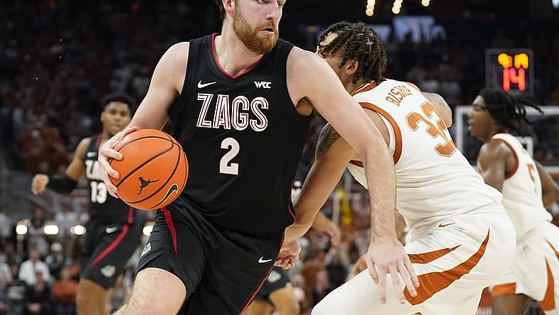 Nov 16, 2022; Austin, Texas, USA; Gonzaga Bulldogs forward Drew Timme (2) drives to the basket against Texas Longhorns forward Christian Bishop (32) during the second half at Moody Center. Mandatory Credit: Scott Wachter-USA TODAY Sports