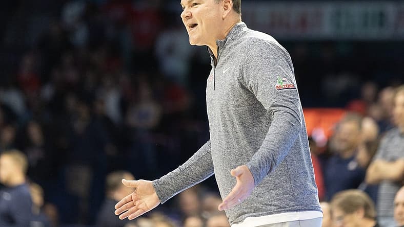 Nov 17, 2022; Tucson, Arizona, USA; University of Arizona Wildcats head coach Tommy Lloyd reacts against the Utah Tech at McKale Center. Mandatory Credit: David Cruz-USA TODAY Sports