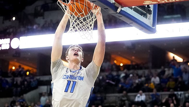 Nov 17, 2022; Omaha, Nebraska, USA; Creighton Bluejays center Ryan Kalkbrenner (11) dunks the ball during the first half against the UC Riverside Highlanders at CHI Health Center Omaha. Mandatory Credit: Dylan Widger-USA TODAY Sports