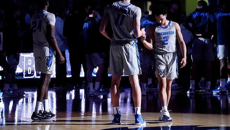 Nov 17, 2022; Omaha, Nebraska, USA; Creighton Bluejays guard Ryan Nembhard (2) greets center Ryan Kalkbrenner (11) during player introductions before the game against the UC Riverside Highlanders at CHI Health Center Omaha. Mandatory Credit: Dylan Widger-USA TODAY Sports
