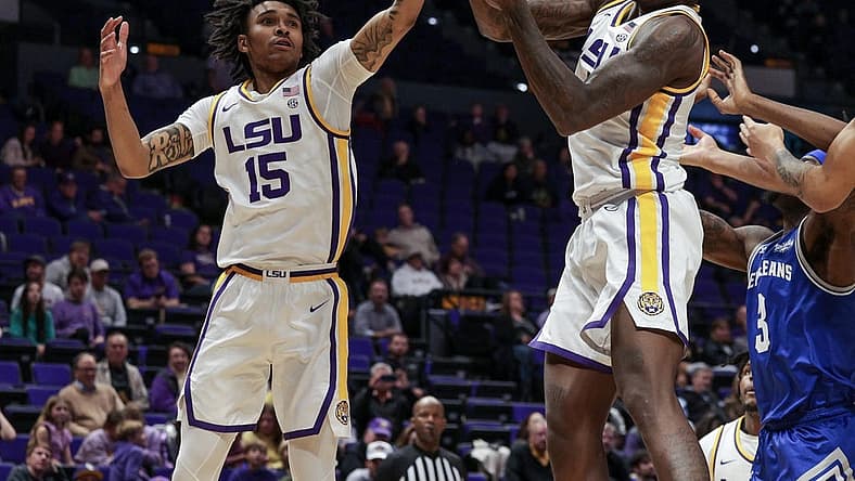 Nov 17, 2022; Baton Rouge, Louisiana, USA; LSU Tigers forward Tyrell Ward (15) goes for rebound against New Orleans Privateers forward D'Ante Bell (3) during the second half at Pete Maravich Assembly Center. Mandatory Credit: Stephen Lew-USA TODAY Sports