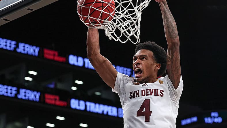 Nov 17, 2022; Brooklyn, New York, USA; Arizona State Sun Devils guard Desmond Cambridge Jr. (4) dunks the ball during the second half against the Michigan Wolverines at Barclays Center. Mandatory Credit: Vincent Carchietta-USA TODAY Sports
