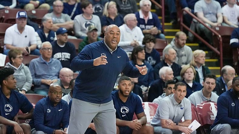 Nov 18, 2022; Charleston, South Carolina, USA; Penn State Nittany Lions head coach Micah Shrewsberry reacts to the action against the Virginia Tech Hokies in the first half at TD Arena. Mandatory Credit: David Yeazell-USA TODAY Sports