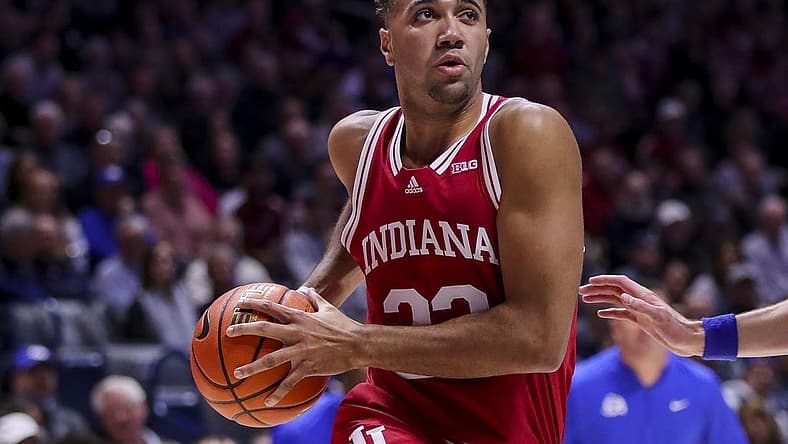 Nov 18, 2022; Cincinnati, Ohio, USA; Indiana Hoosiers forward Trayce Jackson-Davis (23) drives to the basket against the Xavier Musketeers in the first half at Cintas Center. Mandatory Credit: Katie Stratman-USA TODAY Sports