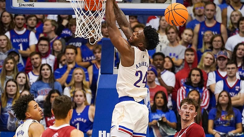 Nov 18, 2022; Lawrence, Kansas, USA; Kansas Jayhawks forward K.J. Adams Jr. (24) misses a dunk against the Southern Utah Thunderbirds during the first half at Allen Fieldhouse. Mandatory Credit: Denny Medley-USA TODAY Sports