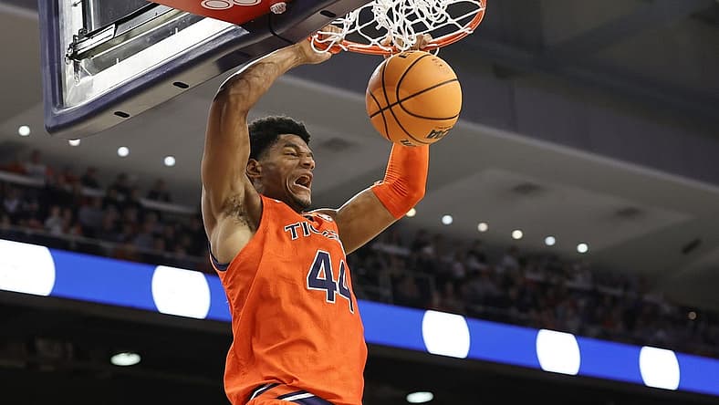 Nov 18, 2022; Auburn, Alabama, USA; Auburn Tigers center Dylan Cardwell (44) dunks on the Texas Southern Tigers during the second half at Neville Arena. Mandatory Credit: John Reed-USA TODAY Sports