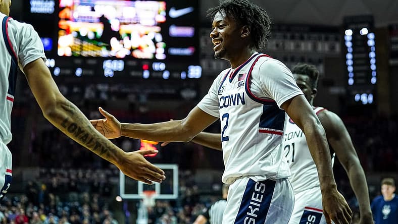Nov 18, 2022; Storrs, Connecticut, USA; Connecticut Huskies guard Tristen Newton (2) reacts after a play against the North Carolina-Wilmington Seahawks in the second half at Harry A. Gampel Pavilion. Mandatory Credit: David Butler II-USA TODAY Sports