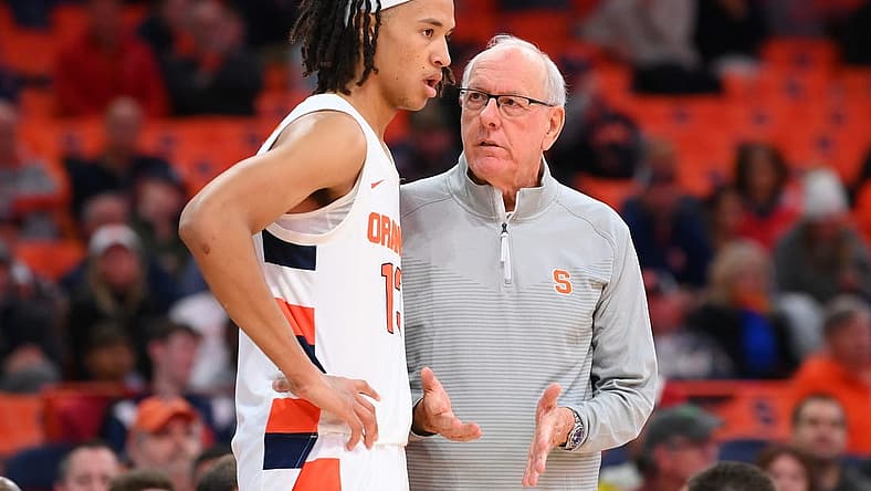 Nov 15, 2022; Syracuse, New York, USA; Syracuse Orange head coach Jim Boeheim talks with forward Benny Williams (13) against the Colgate Raiders during the second half at the JMA Wireless Dome. Mandatory Credit: Rich Barnes-USA TODAY Sports