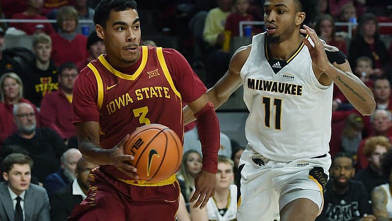 Iowa State University Cyclones guard Tamin Lipsey (3) looks for pass the ball around Milwaukee Panthers guard/forward Vin Baker Jr. (11) during the first half at Hilton Coliseum Sunday, Nov. 20, 2022, in Ames, Iowa. Photo by Nirmalendu Majumdar/Ames Tribune
Ncaa Men S Basketball