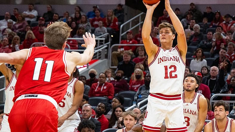 Nov 20, 2022; Indianapolis, Indiana, USA; Indiana Hoosiers forward Miller Kopp (12) shoots the ball in the second half against the Miami (Oh) Redhawks at Gainbridge Fieldhouse. Mandatory Credit: Trevor Ruszkowski-USA TODAY Sports