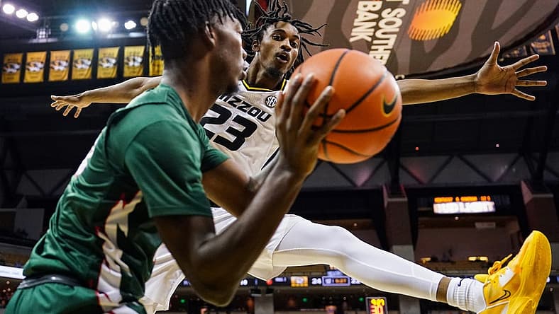 Nov 20, 2022; Columbia, Missouri, USA; Missouri Tigers forward Aidan Shaw (23) defends as Mississippi Valley State Delta Devils forward Alvin Stredic (15) looks to inbound the ball during the first half at Mizzou Arena. Mandatory Credit: Jay Biggerstaff-USA TODAY Sports