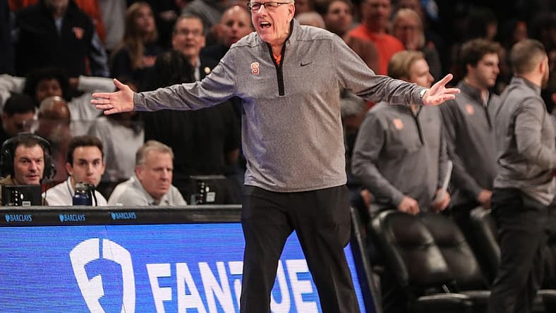 Nov 21, 2022; Brooklyn, New York, USA;  Syracuse Orange head coach Jim Boeheim argues with an official in the second half against the Richmond Spiders at Barclays Center. Mandatory Credit: Wendell Cruz-USA TODAY Sports