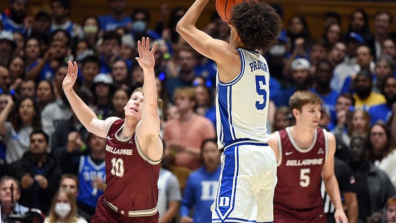 Nov 21, 2022; Durham, North Carolina, USA; Duke Blue Devils guard Tyrese Proctor(5) shoots over Bellarmine Knights guard Garrett Tipton (10) during the first half at Cameron Indoor Stadium. Mandatory Credit: Rob Kinnan-USA TODAY Sports