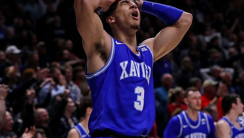 Nov 18, 2022; Cincinnati, Ohio, USA; Xavier Musketeers guard Colby Jones (3) reacts after a foul called on him in the second half against the Indiana Hoosiers at Cintas Center. Mandatory Credit: Katie Stratman-USA TODAY Sports
