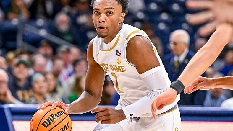 Nov 22, 2022; South Bend, Indiana, USA; Notre Dame Fighting Irish guard JJ Starling (1) drives to the basket in the first half against the Bowling Green Falcons at the Purcell Pavilion. Mandatory Credit: Matt Cashore-USA TODAY Sports