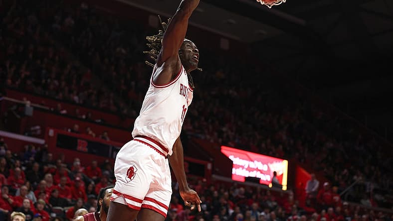 Nov 22, 2022; Piscataway, New Jersey, USA; Rutgers Scarlet Knights center Clifford Omoruyi (11) dunks the ball during the second half against the Rider Broncs at Jersey Mike's Arena. Mandatory Credit: Vincent Carchietta-USA TODAY Sports