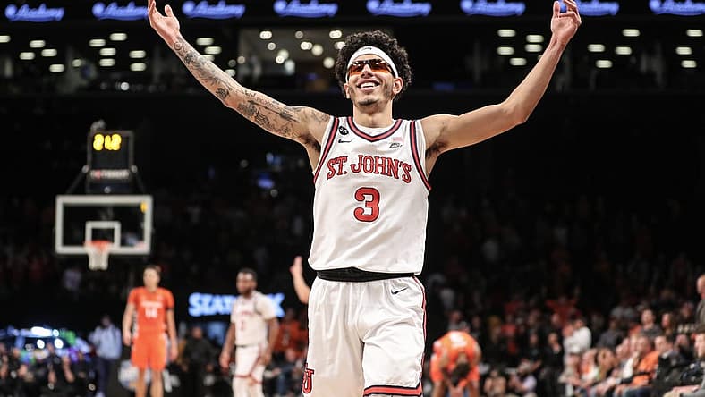 Nov 22, 2022; Brooklyn, New York, USA; St. John's Red Storm guard Andre Curbelo (3) celebrates in the second half against the Syracuse Orange at Barclays Center. Mandatory Credit: Wendell Cruz-USA TODAY Sports
