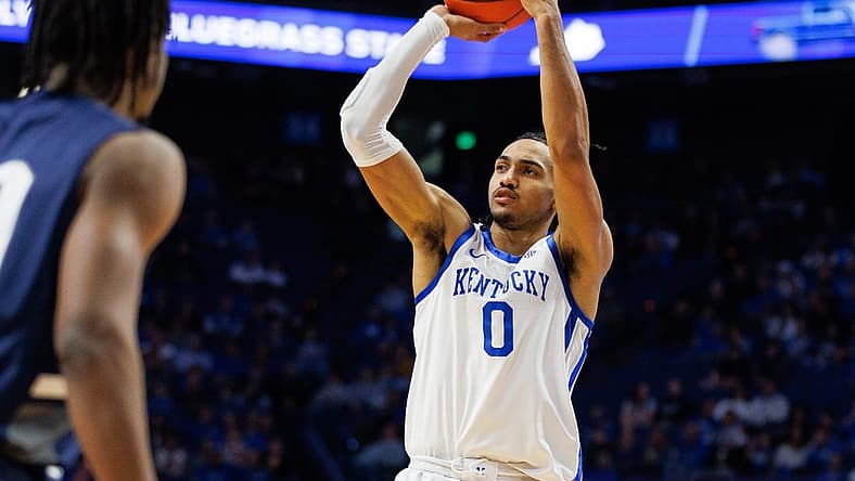 Nov 23, 2022; Lexington, Kentucky, USA; Kentucky Wildcats forward Jacob Toppin (0) shoots the ball against the North Florida Ospreys during the second half at Rupp Arena at Central Bank Center. Mandatory Credit: Jordan Prather-USA TODAY Sports