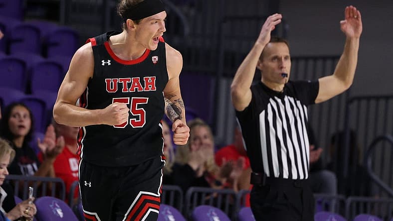 Nov 23, 2022; Fort Myers, Florida, USA;  Utah Utes guard Gabe Madsen (55) reacts after making a shot against the Mississippi State Bulldogs in the second half during the Fort Myers Tip-Off Beach Division championship game at Suncoast Credit Union Arena. Mandatory Credit: Nathan Ray Seebeck-USA TODAY Sports