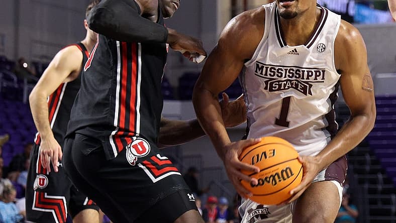 Nov 23, 2022; Fort Myers, Florida, USA; Mississippi State Bulldogs forward Tolu Smith (1) drives to the hoop past Utah Utes center Keba Keita (13) in the second half during the Fort Myers Tip-Off Beach Division championship game at Suncoast Credit Union Arena. Mandatory Credit: Nathan Ray Seebeck-USA TODAY Sports