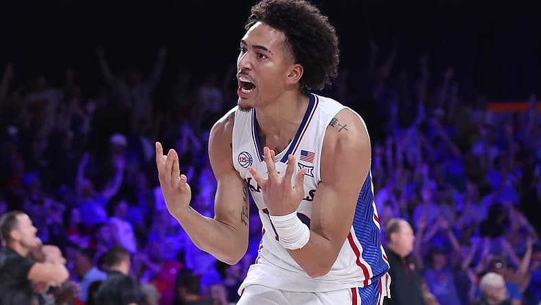 Nov 24, 2022; Paradise Island, BAHAMAS; Kansas Jayhawks forward Jalen Wilson (10) reacts after the win against the Wisconsin Badgers in overtime at Imperial Arena. Mandatory Credit: Kevin Jairaj-USA TODAY Sports