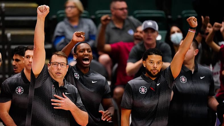 Nov 24, 2022; Orlando, Florida, USA; Stanford Cardinal head coach Jerod Haase celebrates a point against the Mississippi Rebels during the second half at State Farm Field House. Mandatory Credit: Rich Storry-USA TODAY Sports