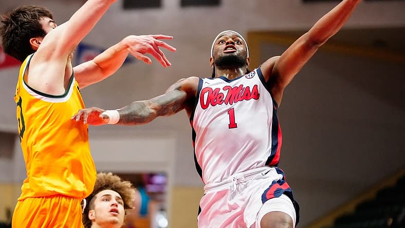 Nov 25, 2022; Orlando, FL, USA; Mississippi Rebels guard Amaree Abram (1) shoots against the Siena Saints during the second half at ESPN Wide World of Sports. Mandatory Credit: Rich Storry-USA TODAY Sports