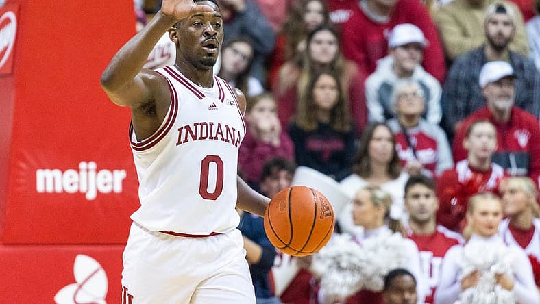 Nov 25, 2022; Bloomington, Indiana, USA; Indiana Hoosiers guard Xavier Johnson (0) dribbles the ball in the second half against the Jackson State Tigers at Simon Skjodt Assembly Hall. Mandatory Credit: Trevor Ruszkowski-USA TODAY Sports