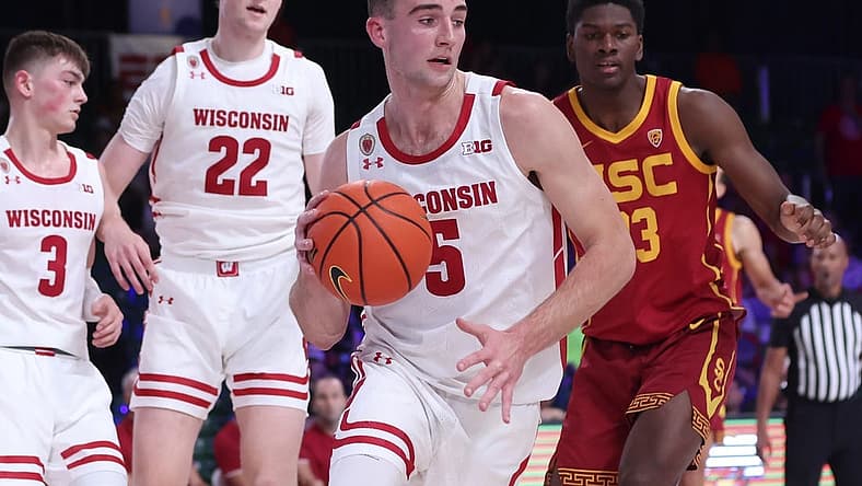 Nov 25, 2022; Paradise Island, BAHAMAS; Wisconsin Badgers forward Tyler Wahl (5) dribbles the ball during the second half against the USC Trojans at Imperial Arena. Mandatory Credit: Kevin Jairaj-USA TODAY Sports