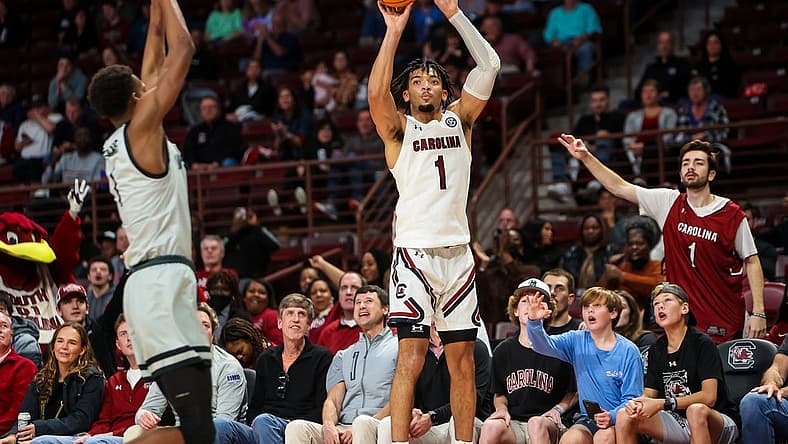Nov 25, 2022; Charleston, South Carolina, USA; South Carolina Gamecocks guard Jacobi Wright (1) shoots against the USC Upstate Spartans in the first half at Colonial Life Arena. Mandatory Credit: Jeff Blake-USA TODAY Sports