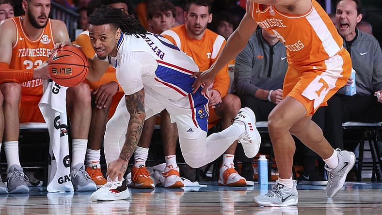 Nov 25, 2022; Paradise Island, BAHAMAS; Kansas Jayhawks guard Bobby Pettiford Jr. (0) drives to the basket as Tennessee Volunteers guard Tyreke Key (4) defends during the first half at Imperial Arena. Mandatory Credit: Kevin Jairaj-USA TODAY Sports