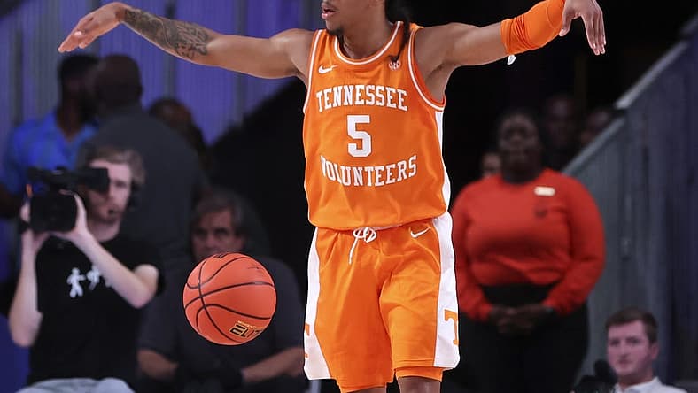 Nov 25, 2022; Paradise Island, BAHAMAS; Tennessee Volunteers guard Zakai Zeigler (5) reacts during the second half against the Kansas Jayhawks at Imperial Arena. Mandatory Credit: Kevin Jairaj-USA TODAY Sports